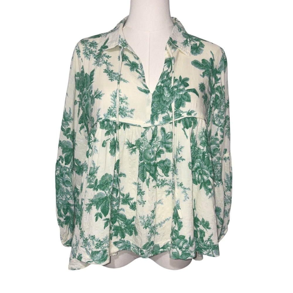 &merci Floral Babydoll Blouse Womens Toile Boho Cottagecore Small Green